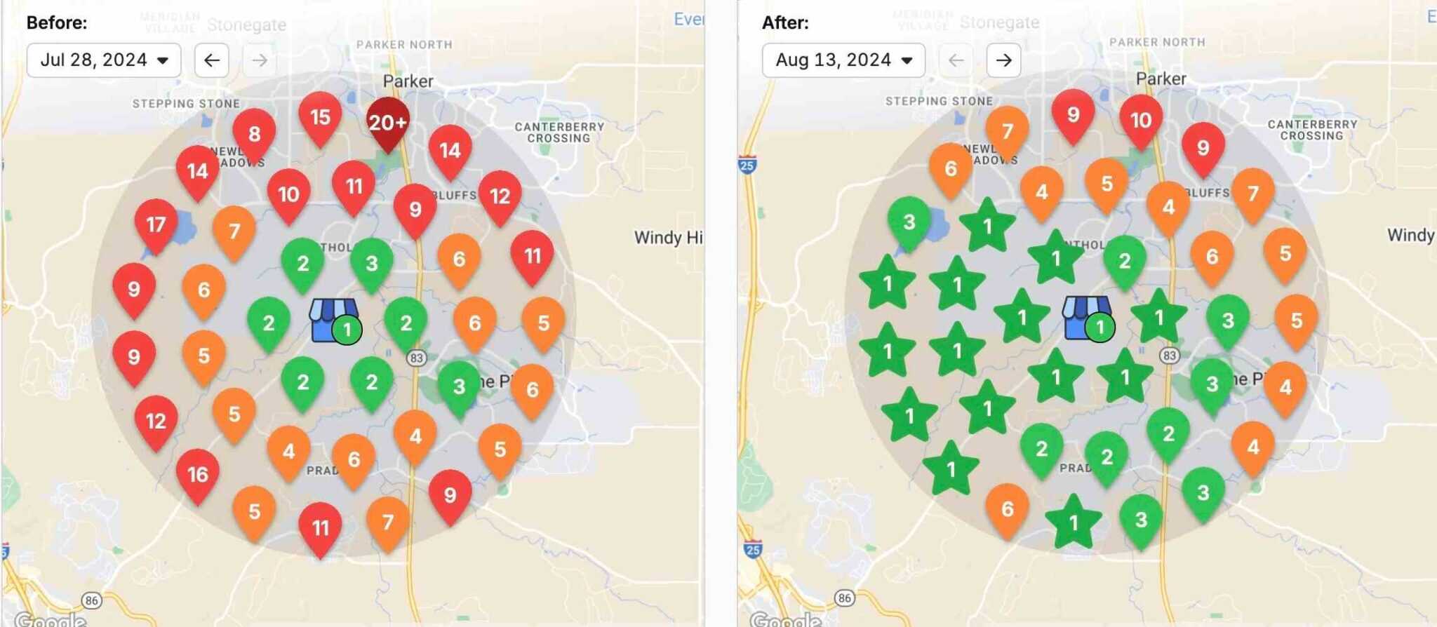 Advanced SEO software interface showing keyword ranking improvements on a map